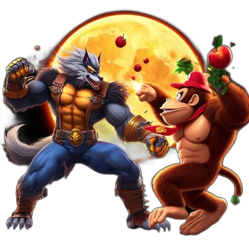 concept art, pixel art, fantasy art, two, anthropomorphic, animals, wolf, gorilla transparent PNG cut-out