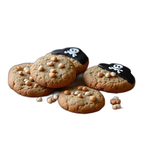 food, 3d render, photorealistic, pirate, cookies, word, them transparent PNG cut-out