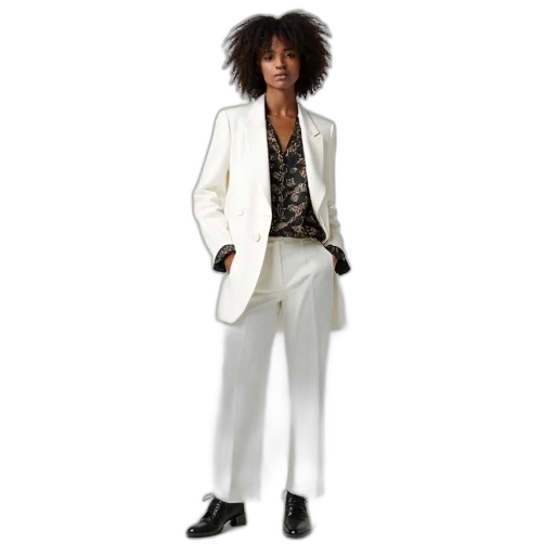 jacket, woman, wearing, white, blazer, patterned, shirt, underneath transparent PNG cut-out
