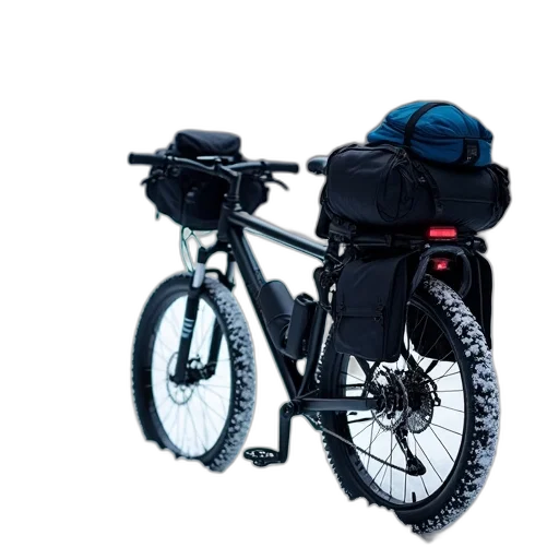 jacket, bicycle, black, frame, tires, parked, snowy, trail transparent PNG cut-out