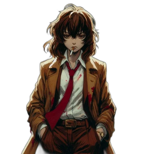jacket, staff, comic book art, concept art, anime, cyberpunk, red, atmospheric transparent PNG cut-out