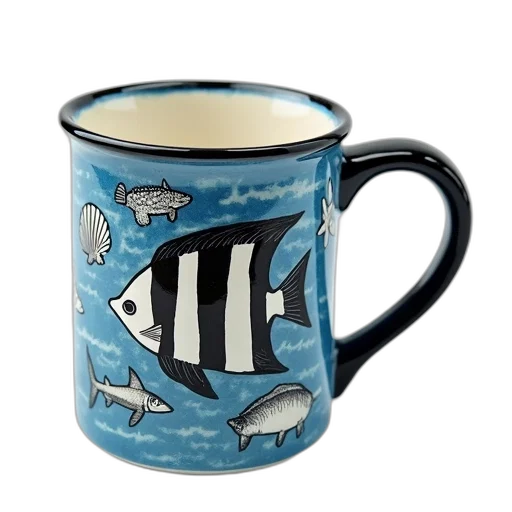 underwater, ceramic, mug, blue, white, color, scheme, featuring transparent PNG cut-out