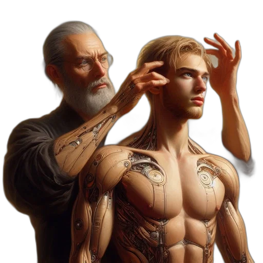 fantasy art, cyberpunk, photorealistic, concept art, elderly, man, adjusts, hair transparent PNG cut-out