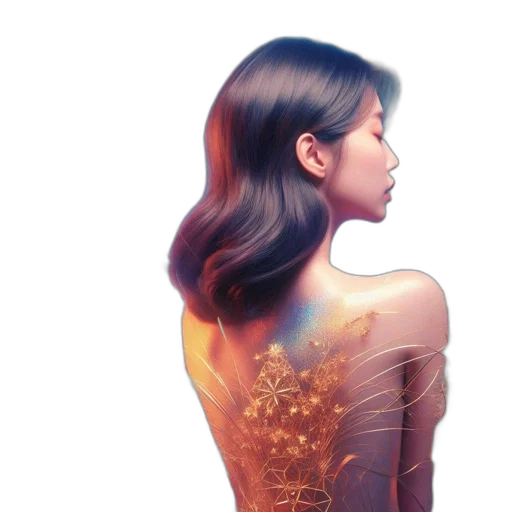 dress, hair, photorealistic, watercolor, concept art, fantasy art, outer space, golden transparent PNG cut-out
