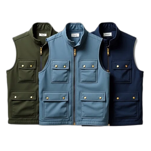 jacket, collection, three, different, vests, displayed, against, white transparent PNG cut-out