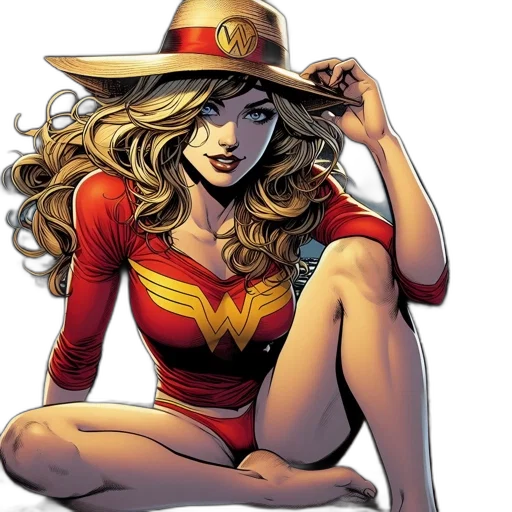 hat, comic book art, cartoon, concept art, woman, resembling, wonder, sits transparent PNG cut-out