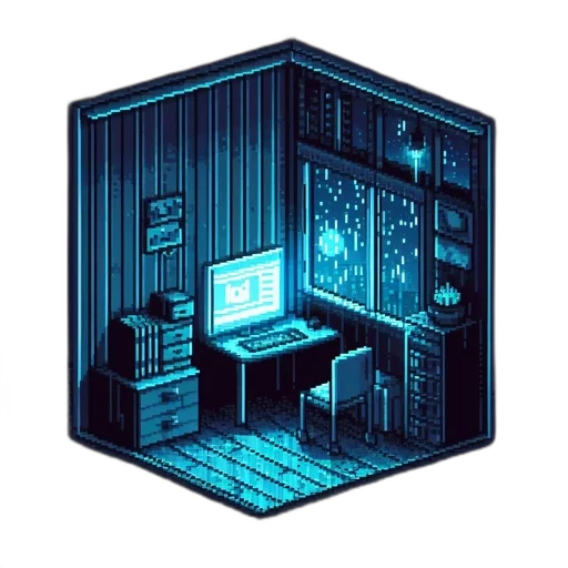 furniture, robot, building, pixel art, concept art, 3d render, cyberpunk, neon lights transparent PNG cut-out
