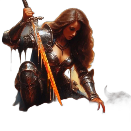 sword, fantasy art, concept art, comic book art, photorealistic, fire, golden, female transparent PNG cut-out