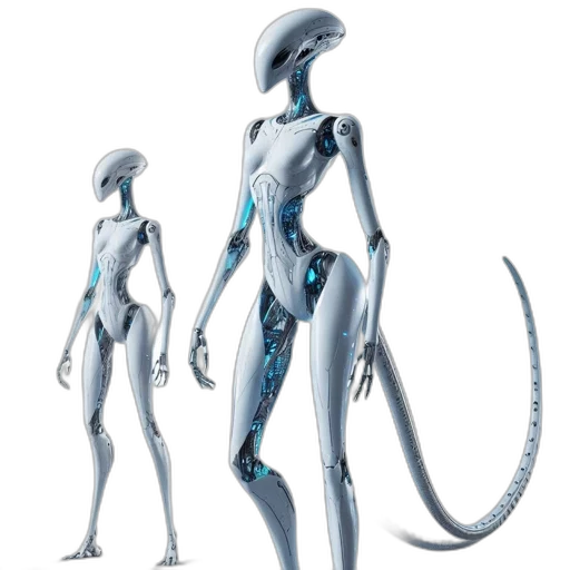 robot, creature, concept art, 3d render, fantasy art, cyberpunk, outer space, blue transparent PNG cut-out