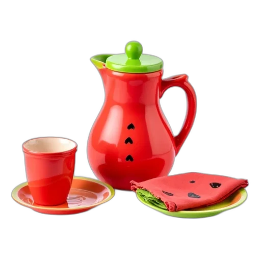 food, 3d render, photorealistic, red, set, plastic, watermelon-themed, dishes transparent PNG cut-out
