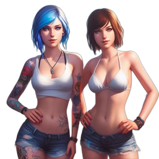 concept art, fantasy art, photorealistic, pixel art, blue, two, women, stand transparent PNG cut-out