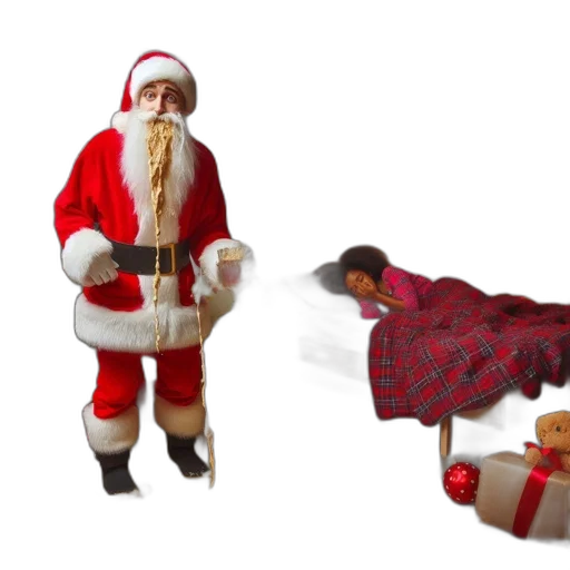 3d render, santa, claus, figure, spills, drink, floor, christmas-themed transparent PNG cut-out