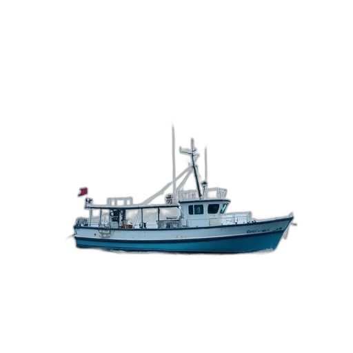 3d render, photorealistic, concept art, pixel art, blue, white, fishing, boat transparent PNG cut-out