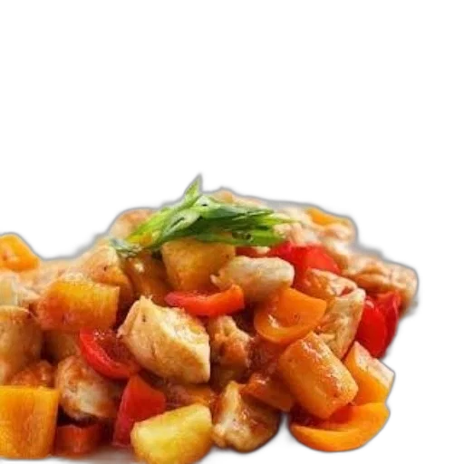 food, 3d render, photorealistic, vibrant, plate, sweet, sour, chicken transparent PNG cut-out