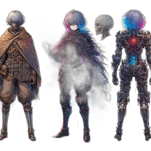 robot, concept art, cyberpunk, fantasy art, 3d render, outer space, dark, monochrome transparent PNG cut-out