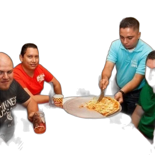 food, staff, group, people, sitting, around, table, pizza transparent PNG cut-out