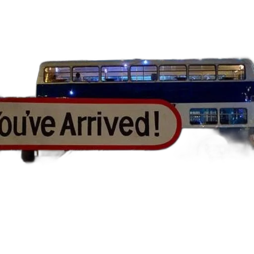 3d render, sign, reading, arrived, stands, front, blue, double-decker transparent PNG cut-out