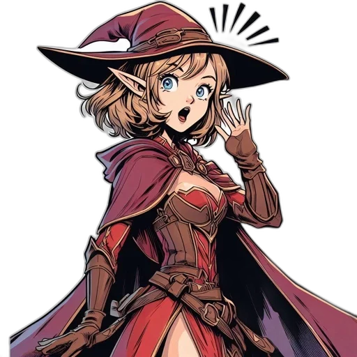 hat, staff, dress, weapon, anime, concept art, comic book art, cartoon transparent PNG cut-out