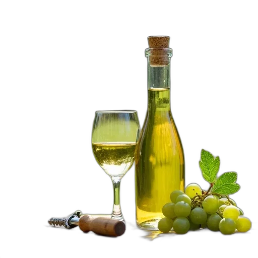 bottle, glass, white, wine, olive, oil, placed, wooden transparent PNG cut-out