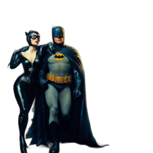 comic book art, concept art, painting, dynamic, duo, batman, catwoman, stroll transparent PNG cut-out