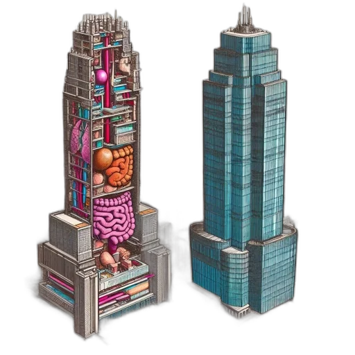 building, 3d render, concept art, pixel art, vaporwave, two, contrasting, skyscrapers transparent PNG cut-out