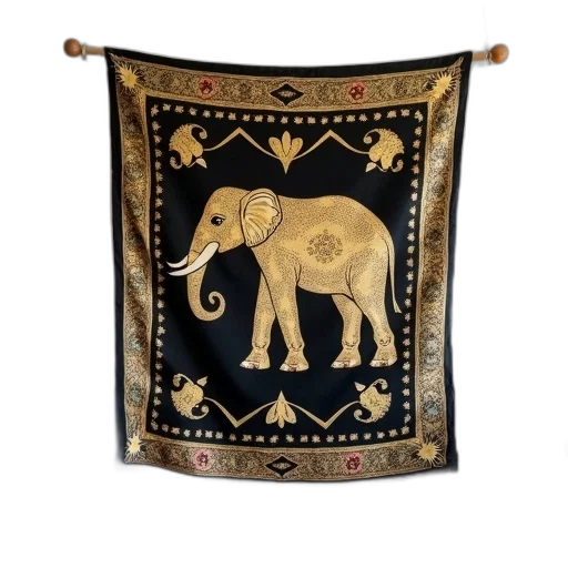 black, gold, elephant, patterned, scarf, hanging, white, wall transparent PNG cut-out
