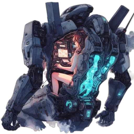 robot, weapon, jacket, face, cyberpunk, concept art, anime, pixel art transparent PNG cut-out