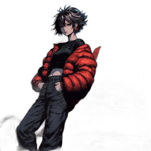 jacket, staff, concept art, pixel art, cyberpunk, fantasy art, red, dark transparent PNG cut-out