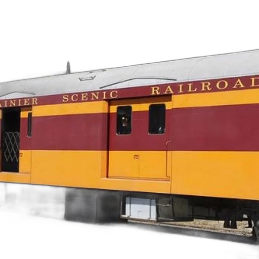 3d render, maroon, yellow, train, car, rainier, scenic, railroad transparent PNG cut-out