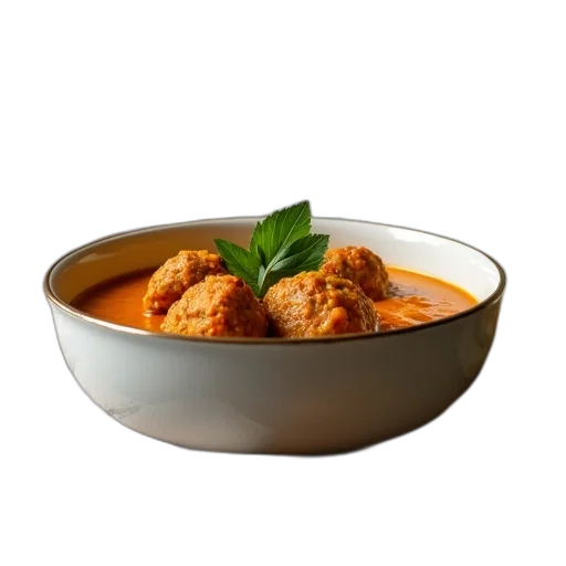food, 3d render, photorealistic, bowl, curry, meatballs, green, leaf transparent PNG cut-out