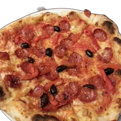 food, 3d render, photorealistic, pepperoni, pizza, black, olives, white transparent PNG cut-out