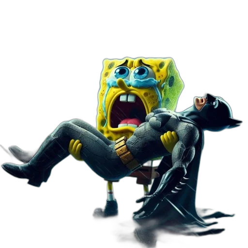 comic book art, concept art, underwater, spongebob, squarepants, holds, unconscious, batman transparent PNG cut-out