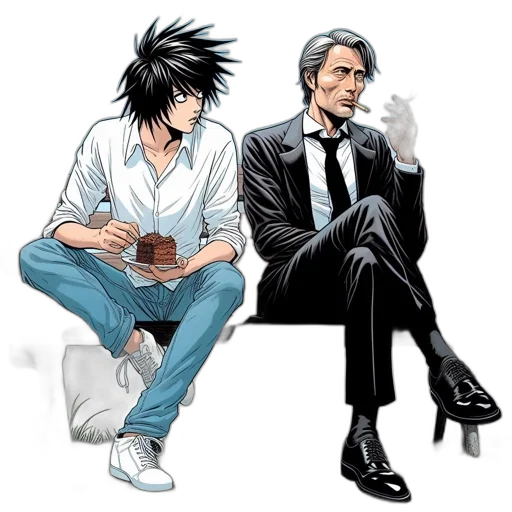 comic book art, concept art, cartoon, anime, monochrome, two, men, sit transparent PNG cut-out