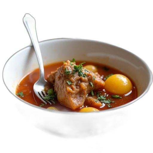 food, 3d render, photorealistic, bowl, stew, meat, potatoes, placed transparent PNG cut-out