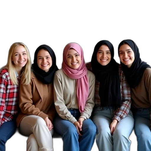 staff, jewelry, earth tones, group, five, women, sitting, row transparent PNG cut-out
