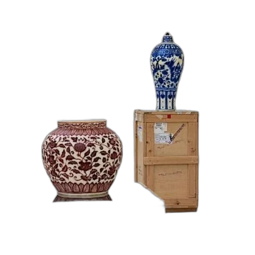 furniture, blue, earth tones, two, ornate, vases, displayed, wooden transparent PNG cut-out