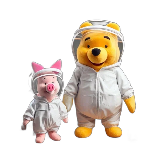 3d render, concept art, outer space, winnie, pooh, piglet, donning, beekeeper transparent PNG cut-out