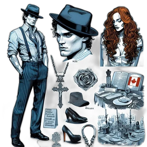 hat, concept art, comic book art, cartoon, fantasy art, monochrome, blue, earth tones transparent PNG cut-out
