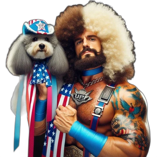 animal, concept art, man, afro, tattoos, holds, groomed, canine transparent PNG cut-out