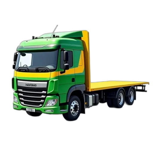 photorealistic, 3d render, concept art, green, yellow, semi-truck, flatbed, trailer transparent PNG cut-out