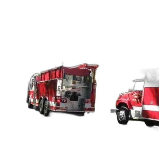 3d render, concept art, two, red, fire, trucks, parked, tree-lined transparent PNG cut-out