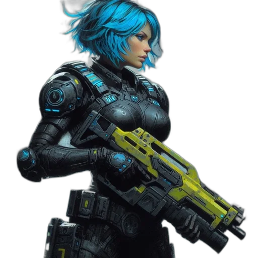 weapon, robot, staff, concept art, cyberpunk, comic book art, fantasy art, blue transparent PNG cut-out