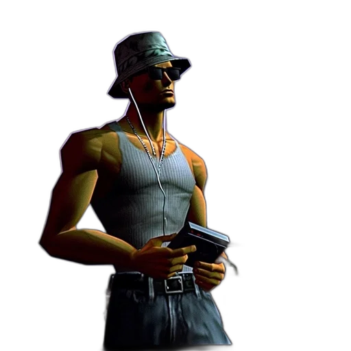 weapon, mask, jacket, face, concept art, 3d render, pixel art, cyberpunk transparent PNG cut-out