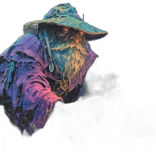 jacket, hat, mask, creature, watercolor, concept art, fantasy art, vaporwave transparent PNG cut-out