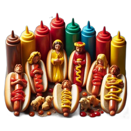 food, 3d render, photorealistic, array, unique, hot, dog, sculptures transparent PNG cut-out