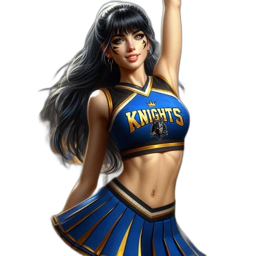 fantasy art, comic book art, anime, concept art, cheerleader, blue, gold, uniform transparent PNG cut-out