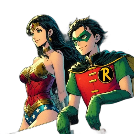 comic book art, concept art, cartoon, watercolor, green, two, costumed, characters transparent PNG cut-out