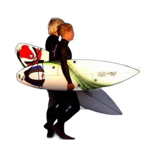 3d render, photorealistic, concept art, two, surfers, wetsuits, carry, their transparent PNG cut-out