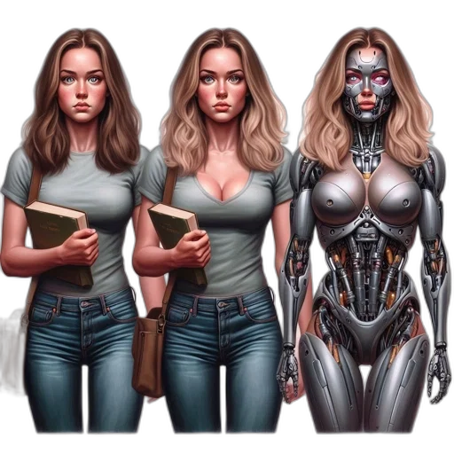 robot, concept art, comic book art, fantasy art, cyberpunk, dark, young, woman transparent PNG cut-out
