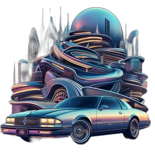 car, concept art, vaporwave, cyberpunk, fantasy art, neon lights, outer space, city street transparent PNG cut-out